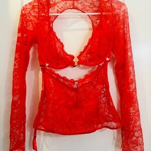 Savage X Fenty Red Lace Bra with Keyhole Detail